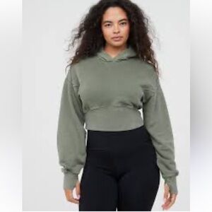 Aerie OFFLINE Throw-Back Cropped Hoodie Olive Green size L